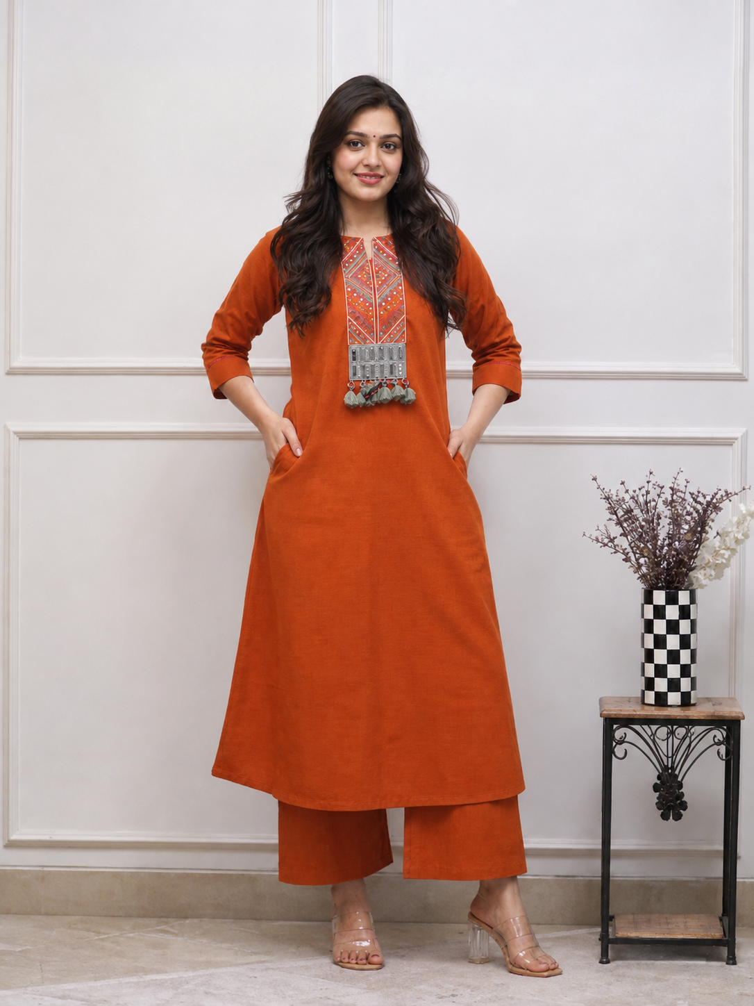 Cord set in Aline pattern paired with Ankle length palazzo* view 4