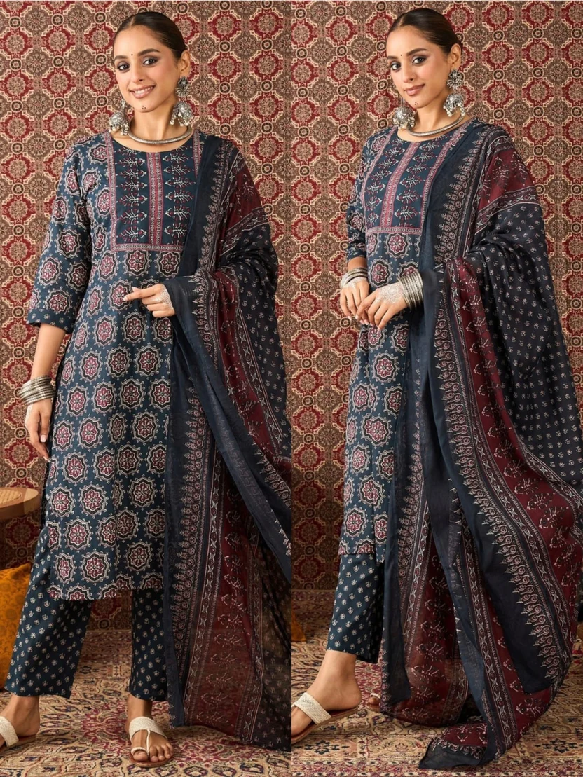 Procin print kurti pant dupatta set