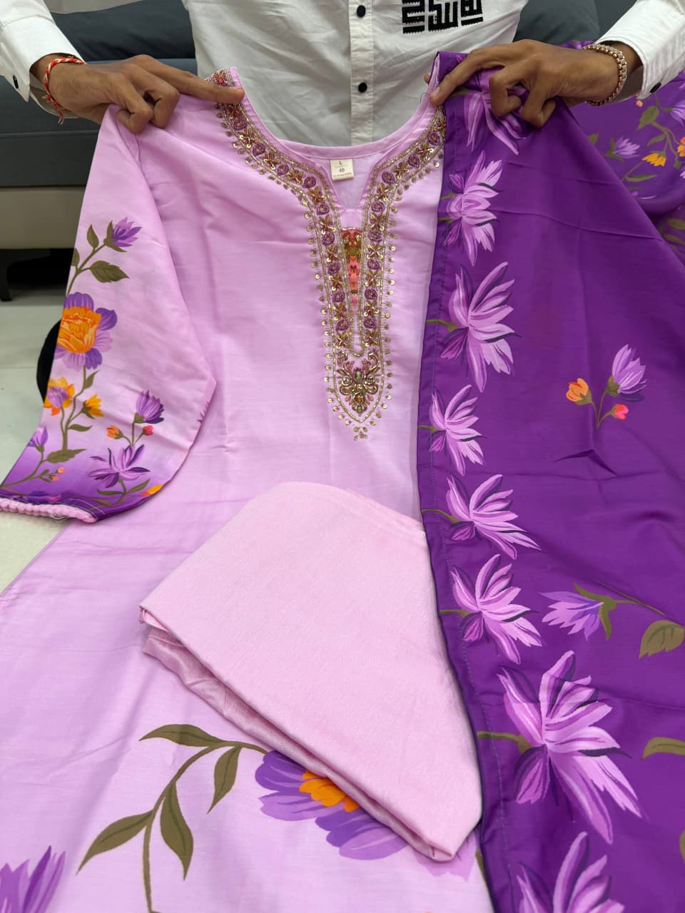 Soft silk kurti pant dupatta set view 2